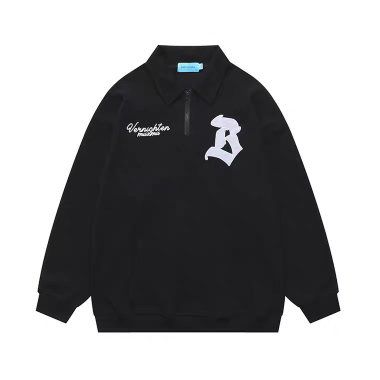 Áo Sweater Zip Unisex Thêu Chữ B Vải Tổ Ong Áo Sweater Thun Polo Nam Nữ Cổ Khóa Dáng Rộng 2 Màu