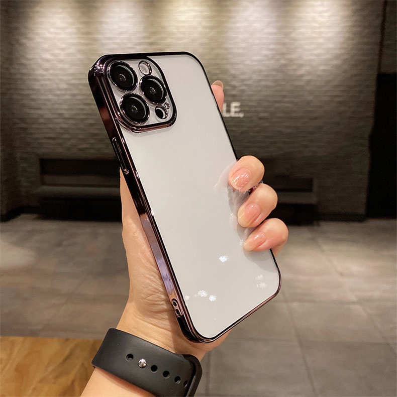 Ốp Điện Thoại Nhựa PC Cứng Trong Suốt Mạ Điện Bảo Vệ Ống Kính Máy Ảnh Cho iPhone 14 13 12 Pro Max
