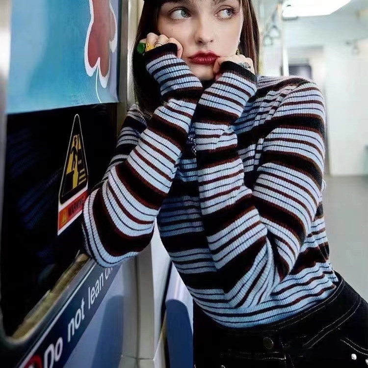 Hàng Mới Về Mới Áo Dệt Kim Cổ Lọ Dáng Ôm Kẻ Sọc Thời Trang Mùa Đông 2022