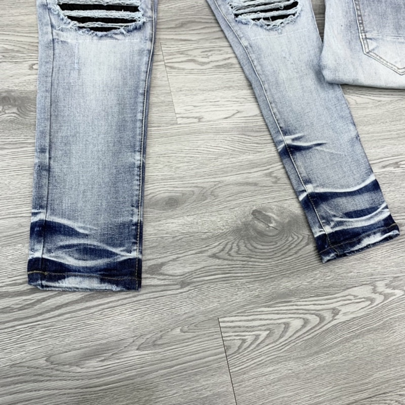 Quần jean bò nam slimfit wash xanh khói rách xước chỉ đùi gối vá vải nhăn đen phối ống loang sóng QJ19P