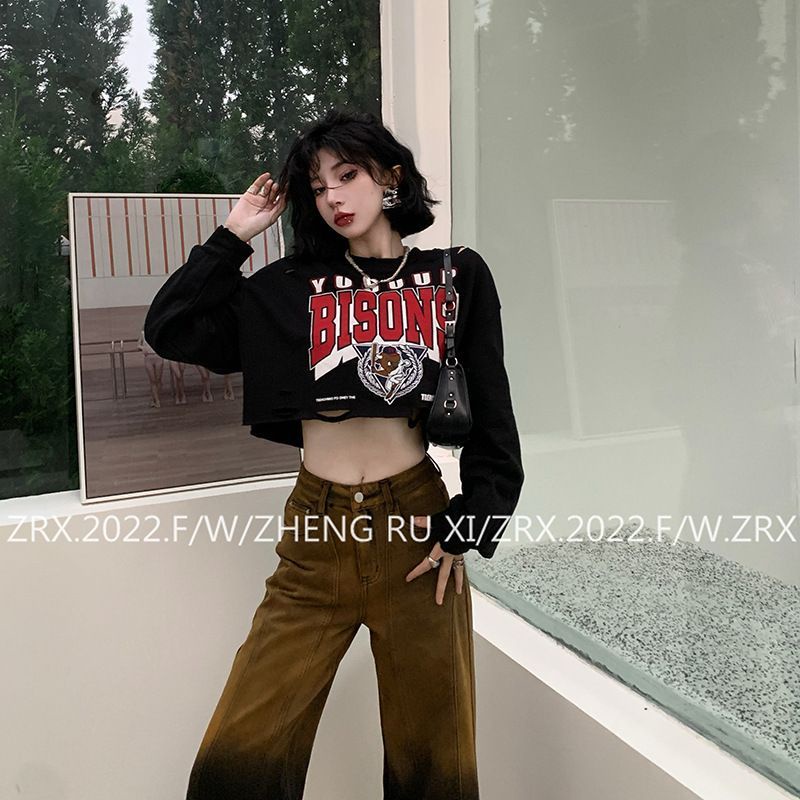 COZOKC COZOK Áo thun crop top COZOK tay dài in họa tiết chữ cái thời trang Hàn Quốc dành cho nữ