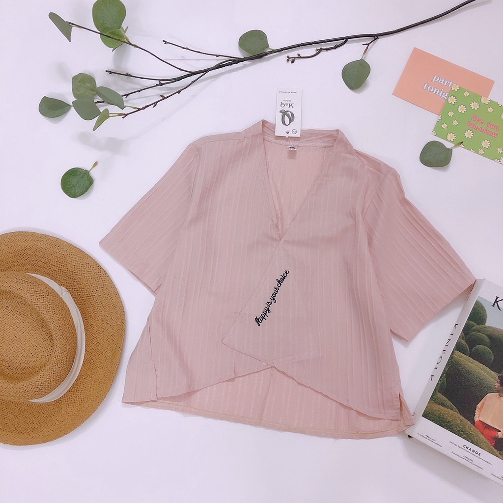 Áo Kiểu Cổ V Tay Ngắn Vạt Xéo Hoa Văn Thêu- Jancaroshop