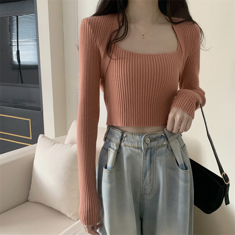 Áo Len Tay Dài Cổ Chữ U Mỏng Giả Hai Lớp Thời Trang Thu Đông Mới Dành Cho Bạn Nữ