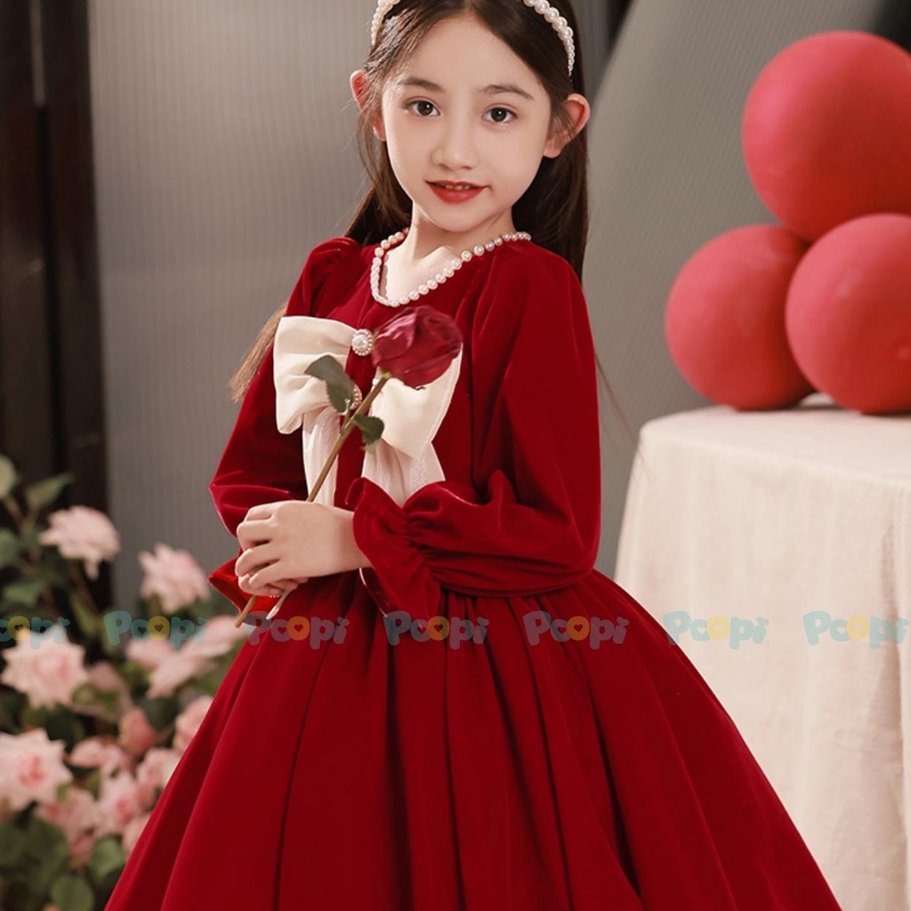 Váy Công Chúa Bé Gái Poopi Dáng Xòe Đính Nơ Xinh Vải Nhung Đỏ Cho Bé Đi Chơi Tết Dự Tiệc