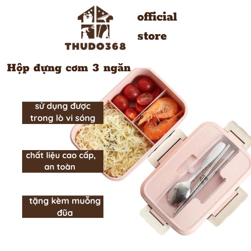 Hộp đựng cơm hộp cơm văn phòng lúa mạch 3 ngăn kèm đũa muỗng inox 800ml