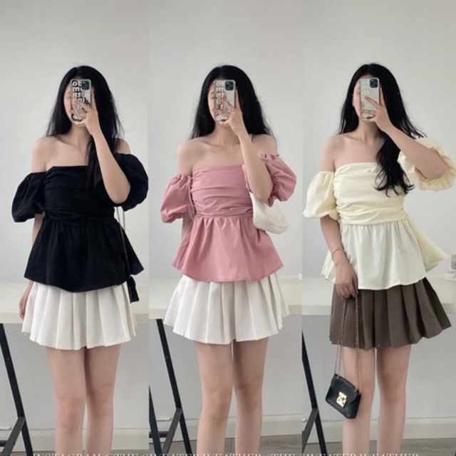 Áo voan cúp ngực ôm xếp tầng tay phồng rớt vai, lưng chun nhún
