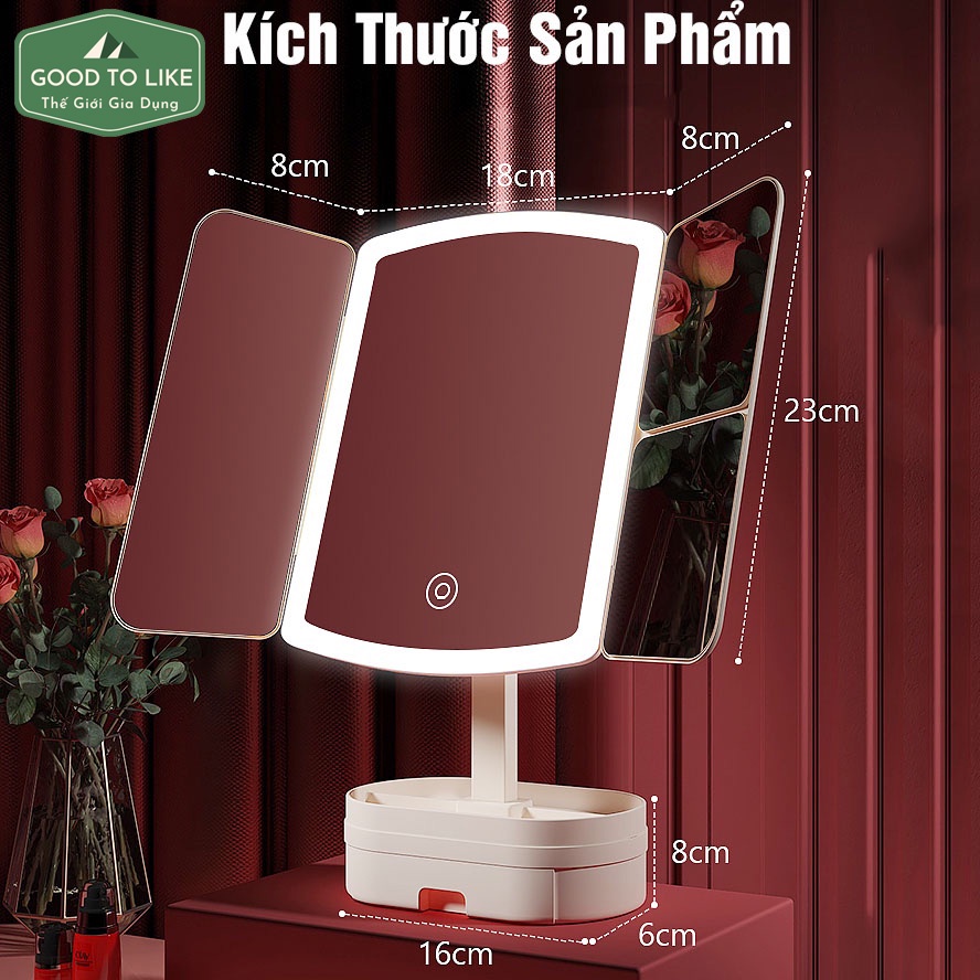Gương Trang Điểm Để Bàn Tích Hợp Cảm Biến Đèn Led,Gương Để Bàn Xoay 270 Độ Gập Mở 2 Cánh Tặng Kèm Sạc