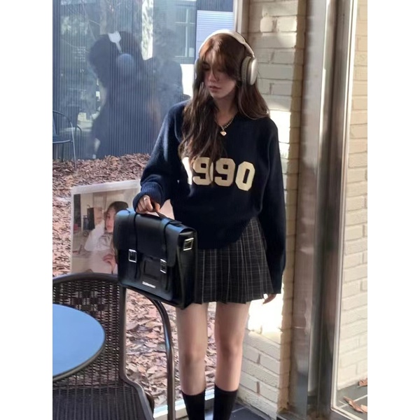Áo sweater NZN dệt kim cổ chữ V dáng rộng màu sắc tương phản thời trang thu đông vintage cho nữ