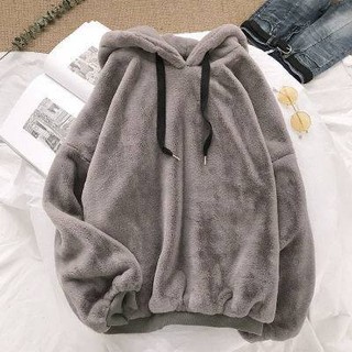 Áo khoác áo khoác dài tay cặp đôi rộng rãi có mũ trùm đầu lót nhung thu đông