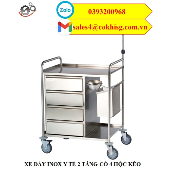 Xe đẩy y tế inox 2 tầng 3 hộc kéo