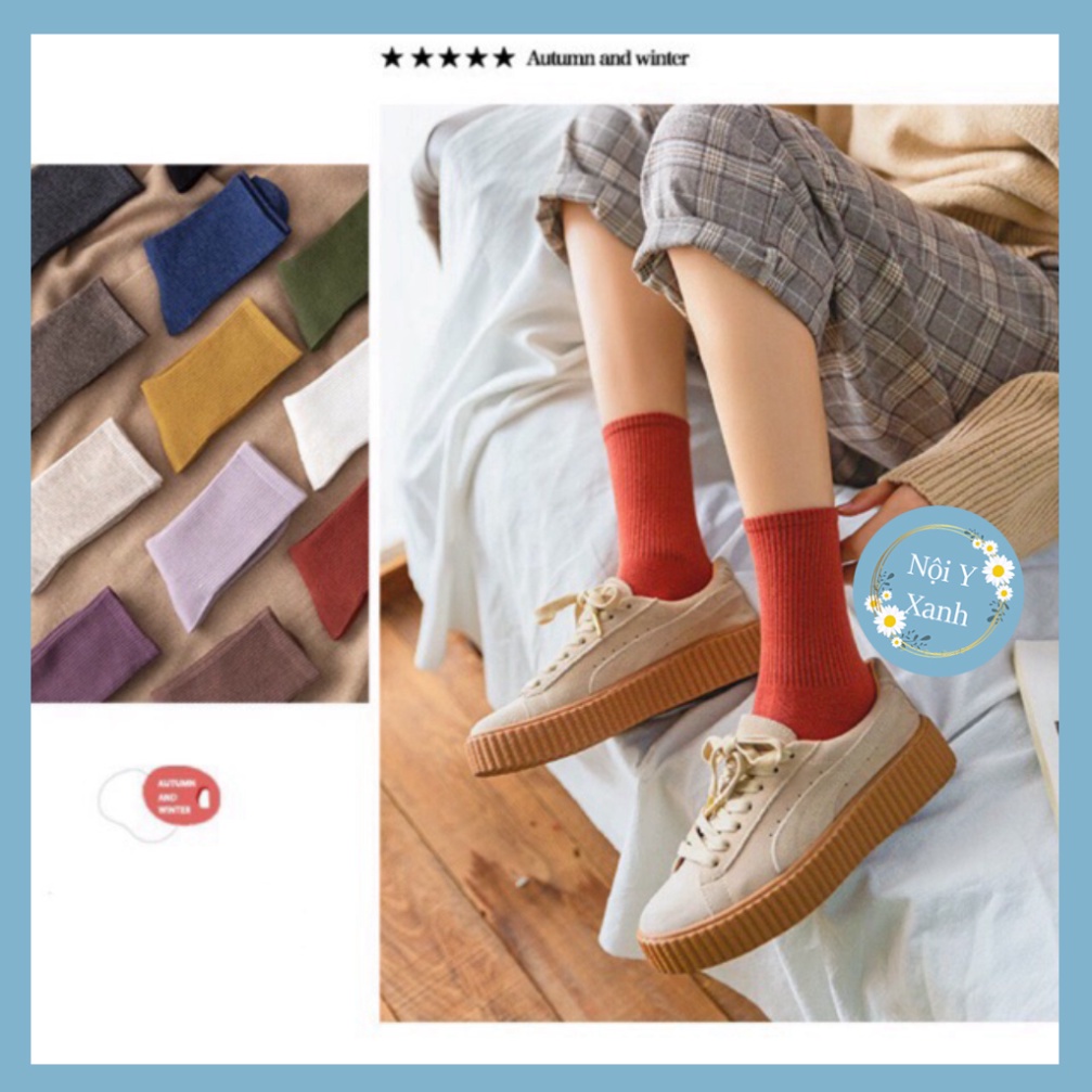 Tất Nữ Vintage Gân Tăm Cổ Cao Mầu xinh xẻo Ấm Áp nội y xanh, chất ấm, thoáng khí