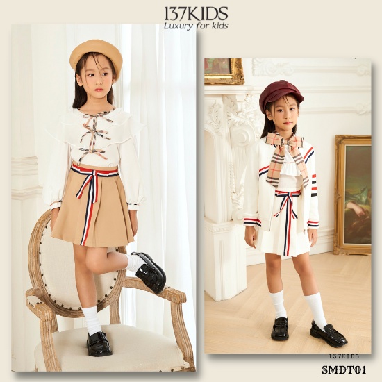 Áo sơ mi trắng dài tay bé gái 137Kids thiết kế nơ bèo xinh xắn
