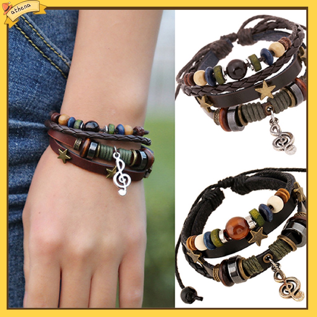 Vòng tay da phối hạt kiểu dáng thời trang thanh lịch cho nam và nữ