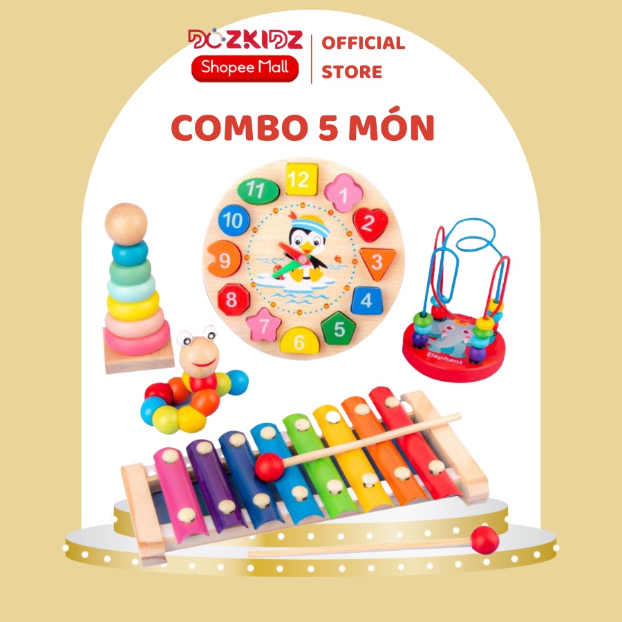 Đồ chơi gỗ, combo 5 món phát triển trí tuê toàn diện cho bé trai bé gái từ 0-2 tuổi - DOZKIDZ