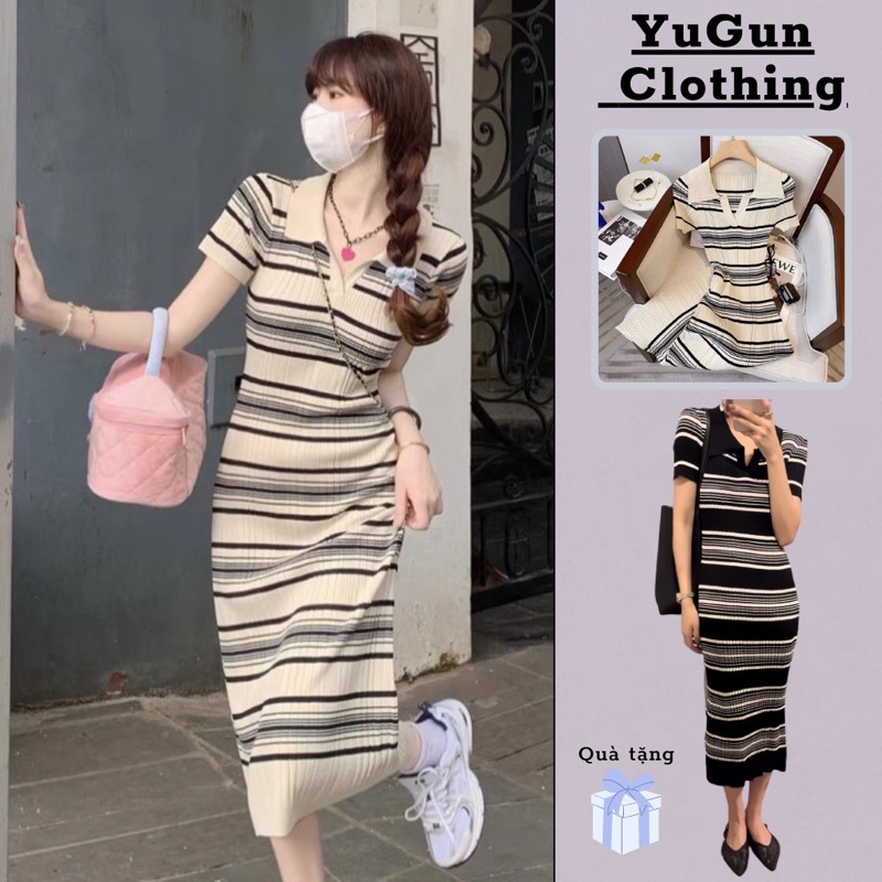 Đầm polo sọc ngang nữ dáng suông dài tay ngắn bigsize LEN KẺ NGANG hai màu đen trắng quảng châu
