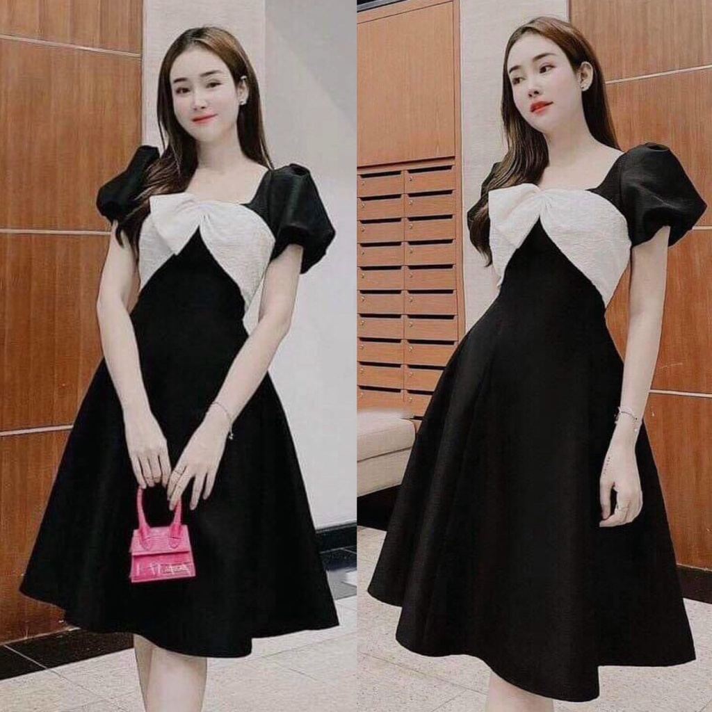Váy Đầm Nữ Dáng Xòe Phối Nơ Trắng Côt Vuông Tay Phồng ( Có Mút Ngực ) Thiết Kế Sang Chảnh Đi Làm Công Sở, Đi Chơi