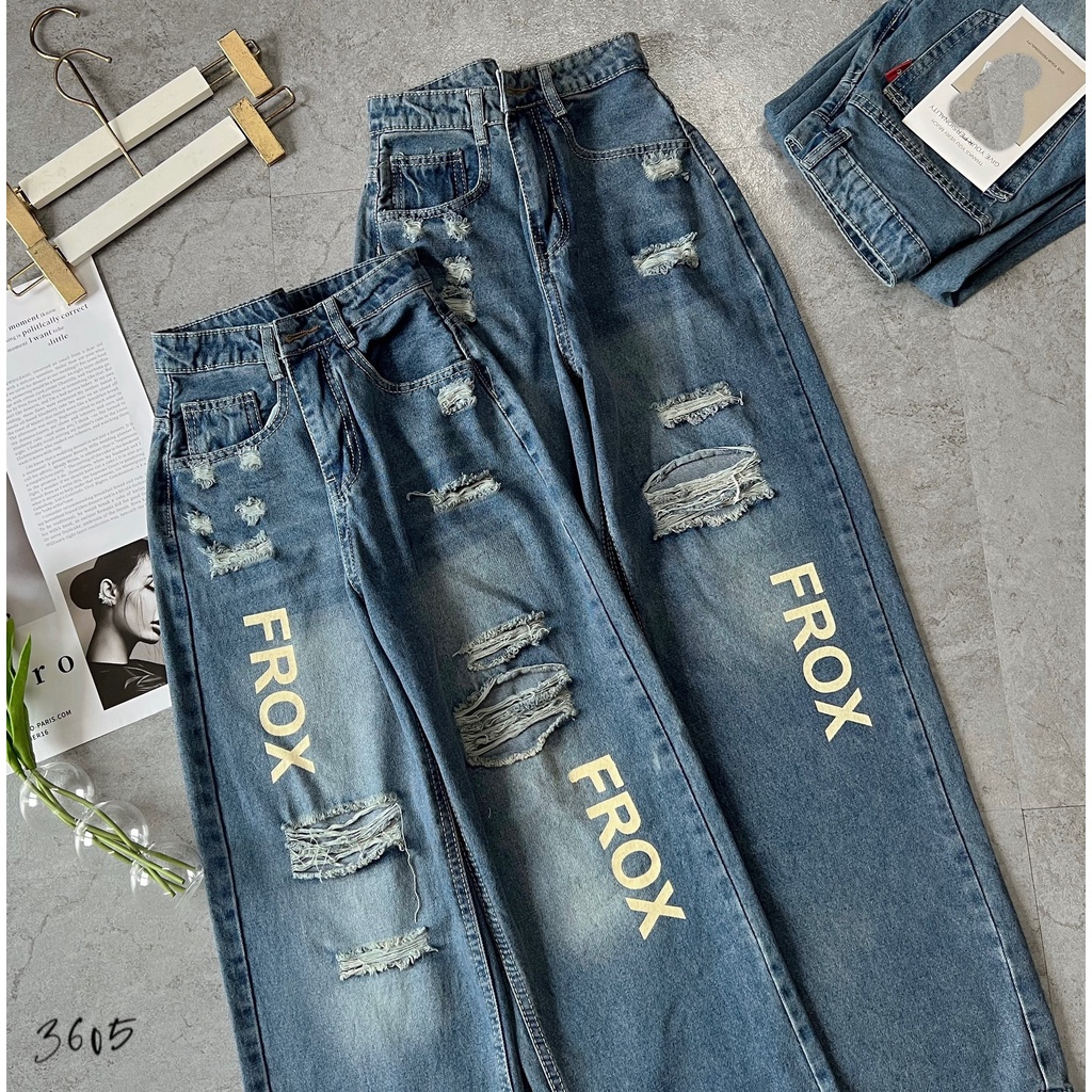 [ ORDM3605 ] QUẦN JEANS ỐNG RỘNG NỮ LƯNG CAO RÁCH CÀO ĐÙI PHỐI CHỮ FROX MÀU XANH ĐẬM LAI CUỐN TÔN DÁNG | BigBuy360 - bigbuy360.vn