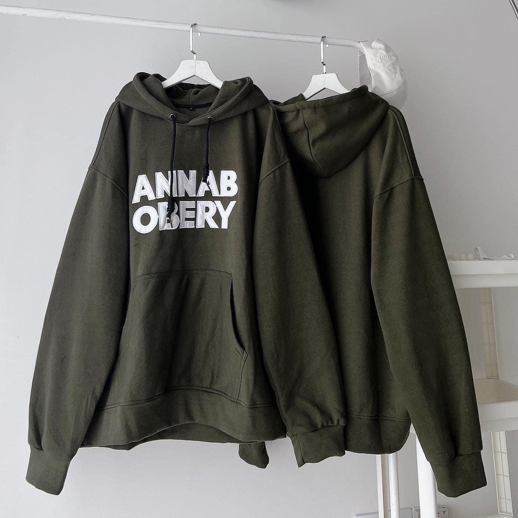 Áo khoác hoodie có nón trùm đầu ANNA màu xanh rêu vải nỉ lót bông form rộng unisex nam nữ