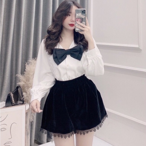 Quần short nhung cạp chun viền ren màu đen lưng cao ống rộng quần sooc đùi nữ thời trang Milofa