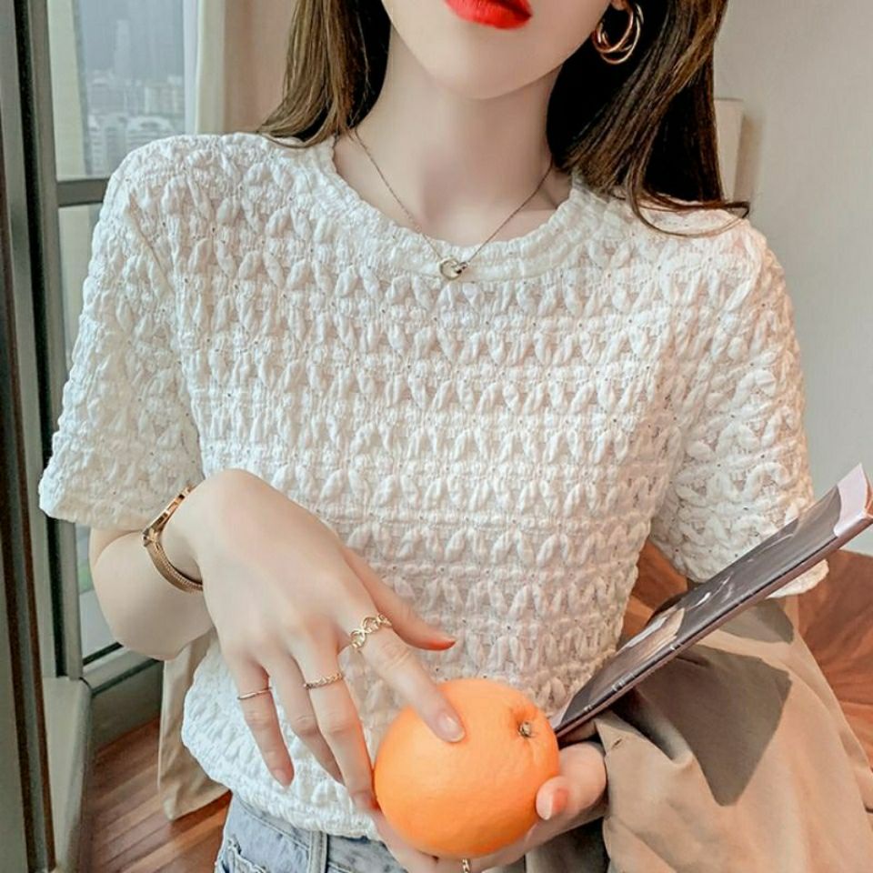 Áo Thun Ngắn Tay Phối Ren Dáng Rộng Thời Trang Mùa Hè Phong Cách Hàn Quốc Cho Nữ