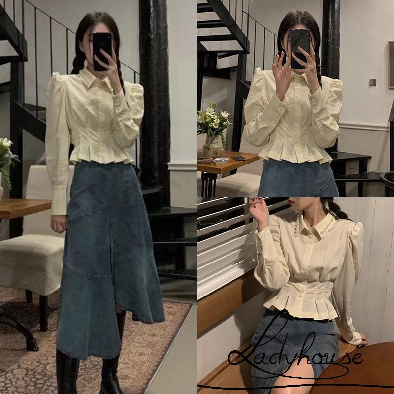 Áo Sơ Mi Ngắn Tay Dài Đính Nút Ngọc Trai Dành Cho Nữ