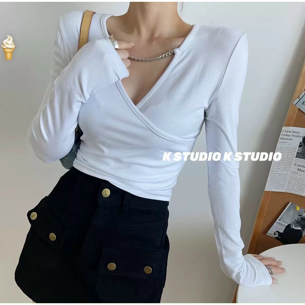 Áo kiểu tay dài thun lụa cổ tim 1 dây xích ngang cực xinh , chất thun lụa mềm mát