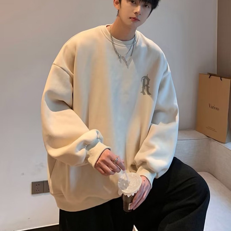 Áo Sweater Dáng Rộng Cổ Tròn Tay Dài Oversize In Logo Font Arc Và Hoa Màu Mơ Sữa