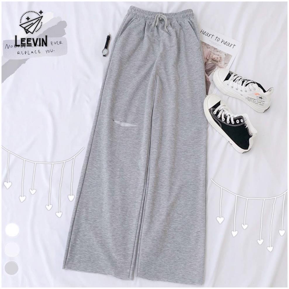 Quần Ống Rộng Nữ Rách Gối IRU LAI TƯA Unisex Ulzzang Kiểu quần cạp cao nữ nỉ thun màu đen và xám Magaly Korea