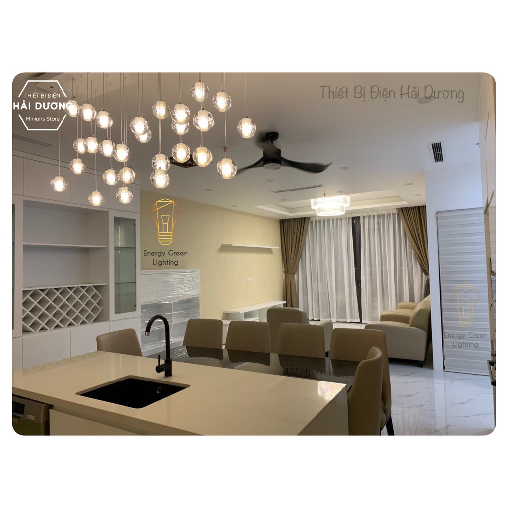 Bộ 3 Đèn thả thông tầng Energy Green Lighting pha lê giọt nước thủy tinh - Tặng kèm đế chung tròn - Tặng kèm bóng LED