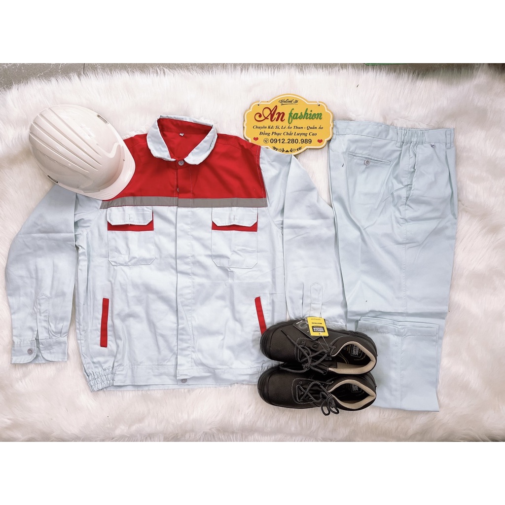 Quần áo bảo hộ lao động, Đồ kỹ sư công trình xanh phối đỏ tay dài vải kaki cao cấp _ Hình chụp thật