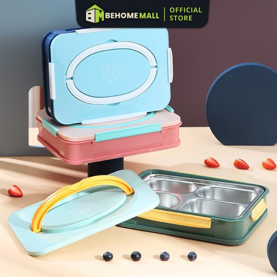 Hộp đựng cơm BEHOMEMALL Hộp cơm văn phòng inox 304 chia ngăn tặng kèm đũa thìa inox dung tích 1L hâm nóng thức ăn