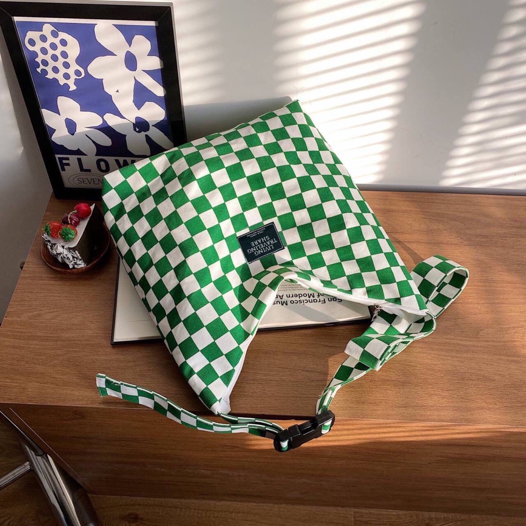 Túi tote Túi vải canvas hoạ tiết caro phong cách Hàn Quốc có khoá kéo đi học đi làm đựng vừa sách vở A4