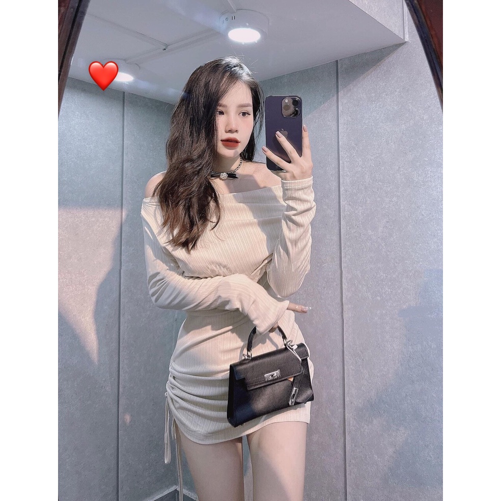 Đầm tay dài trễ vai ôm body dáng ngắn rút dây 1 bên cực hot , chất thun gân mềm mịn