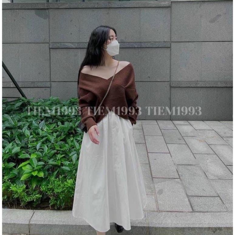 Áo len xoắn vạt chéo trễ vai sang chảnh chất len dày dặn Áo Sweater Trễ Vai