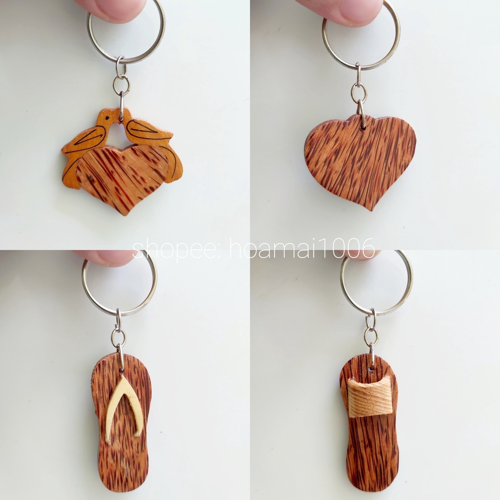 Móc khóa gỗ dừa hình trái tim, uyên ương, đôi dép