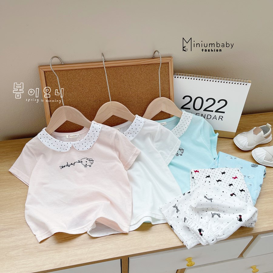 Bộ đồ cộc tay quần lửng cổ sen in hình cừu chó mèo cho bé gái chất liệu 100% cotton, quần áo trẻ em Minium-SB1333