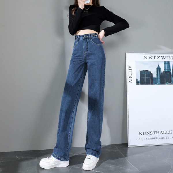 Retro blue high waist straight pants jeans women's spring and autumn new slim loose Joker mop wide leg pants