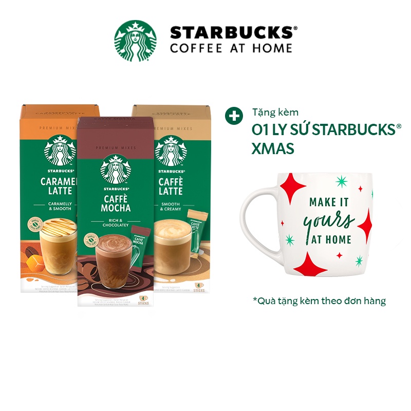 Combo 3 Cà phê hòa tan cao cấp Starbucks: Caffè Latte Hộp 56g+Caramel Latte 92g+Mocha Hộp 88g