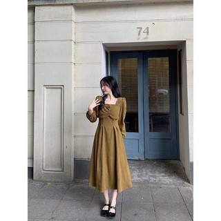 Váy nhung xòe dài nơ khuy bọc dài tay dây buộc nơ sau chiết eo bảng màu vintage Hàn Quốc - Ảnh thật Yena Closet