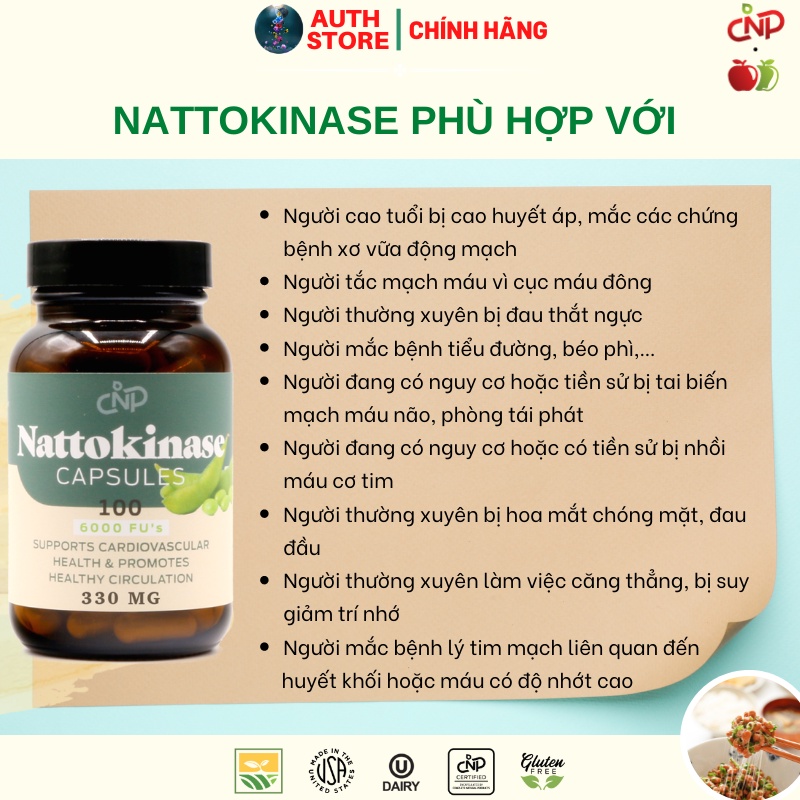 Nattokinase 6000 FU's 570mg 100v hỗ trợ hệ tim mạch,tuần hoàn ngăn ngừa đột quỵ CNP