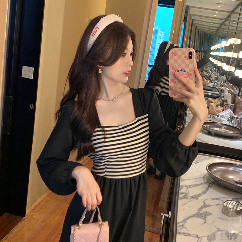 Đầm maxi SUXI dài tay cổ vuông họa tiết kẻ sọc phong cách Hàn Quốc thời trang cho nữ