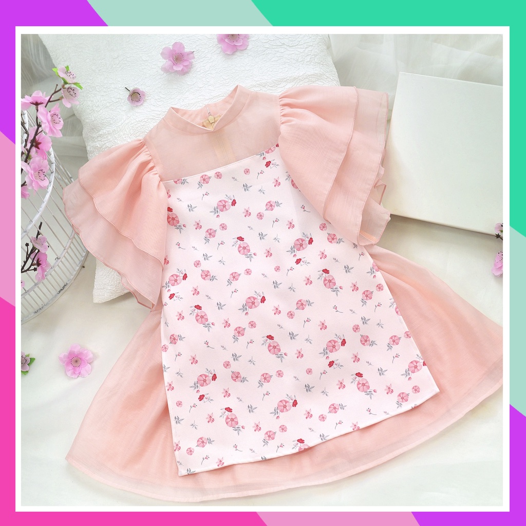 Áo dài  bé gái hoa nhí tay bồng sét áo dài cho bé gái từ 2 đến 9 tuổi kubnstore