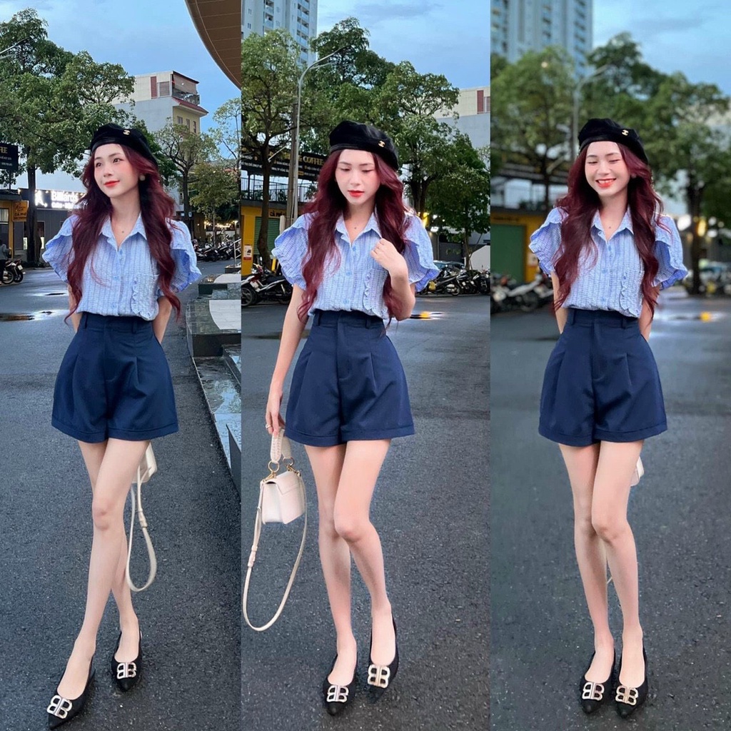 SET ÁO SƠ MI CARO TAY PHỒNG DÚN BÈO KÈM QUẦN SHORT KOREA CỰC XINH