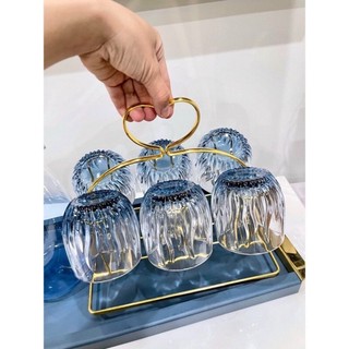 bộ 6 cốc thủy tinh ánh lửa xanh kèm Bình 