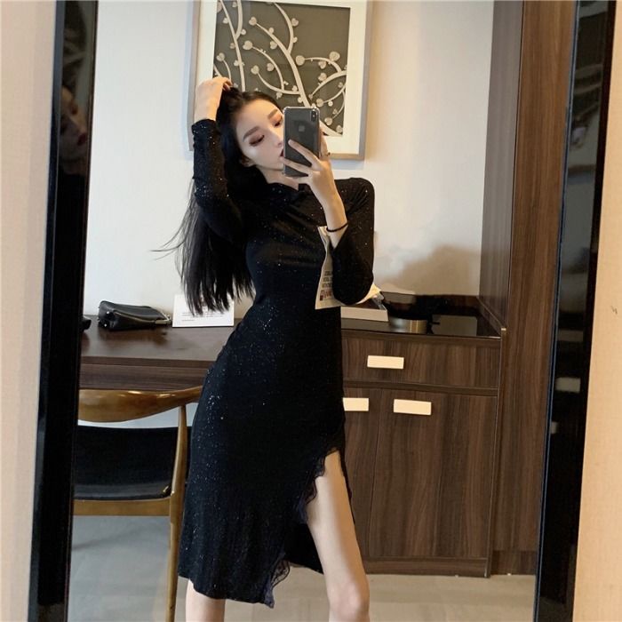 Đầm Sườn Xám Cách Tân Phối Ren Eo Cao Xẻ Tà Thời Trang Xuân Thu Quyến Rũ Cho Nữ