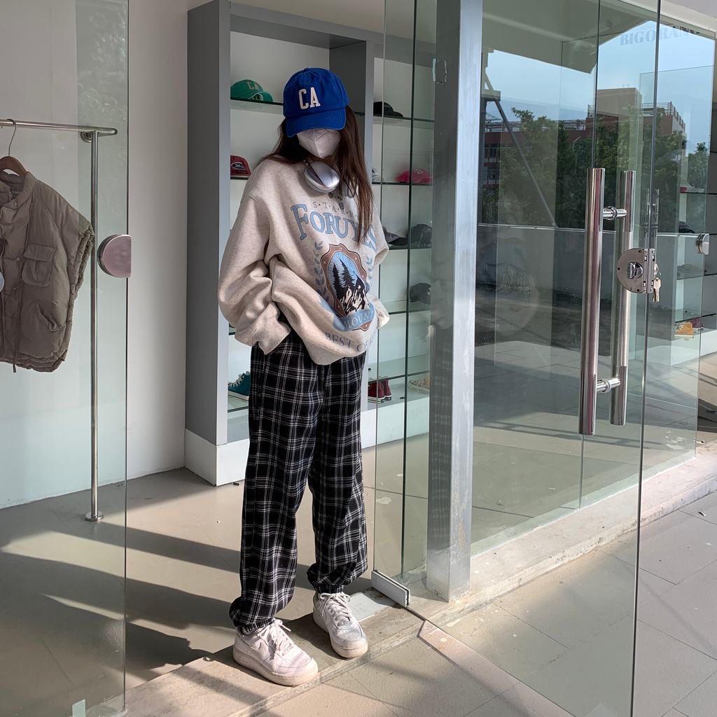 SUXI Quần Dài Lưng Cao Dáng Rộng Họa Tiết Sọc Caro Thời Trang Thu Đông Cho Nữ