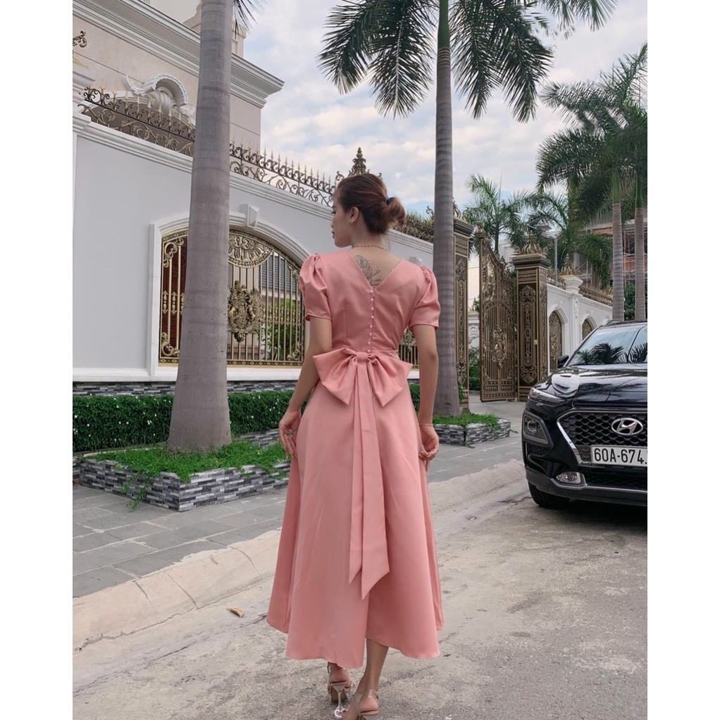 [11.11 Sale Freeship] Đầm dự tiệc nữ,đầm thun lạnh dài có mút tay ngắn cổ vuông ôm eo thắt nơ lưng cài khuy dáng xòe dx