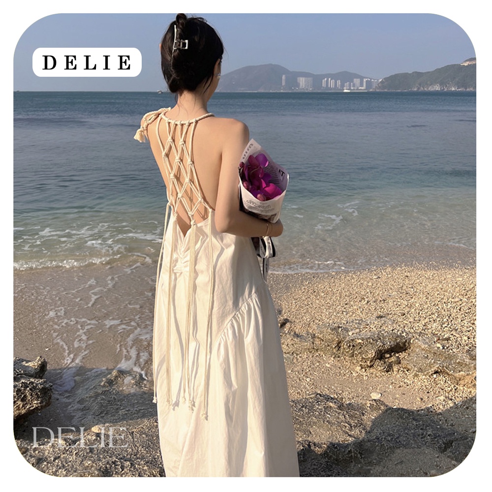 Đầm đi biển DELIE váy maxi trắng hở lưng đan dây quyến rũ dáng xòe dài kiểu pháp VK04