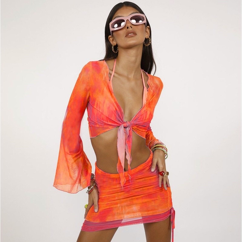 Bikini hai mảnh tay dài kèm chân váy nhiều màu sexy