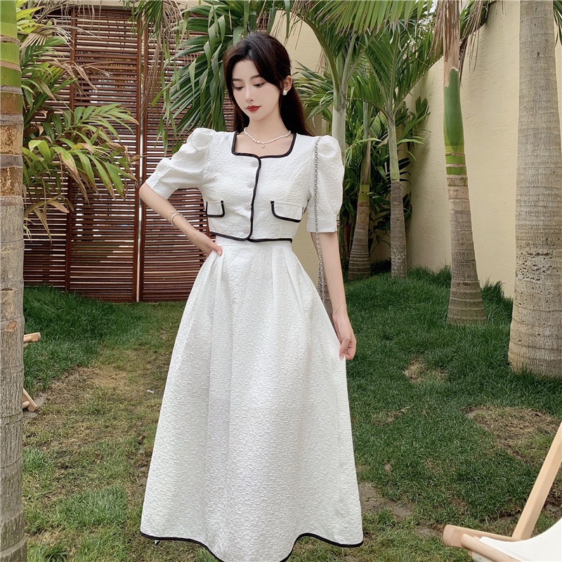 Set váy tiểu thư, set váy xòe trắng phối viền đen cao cấp
